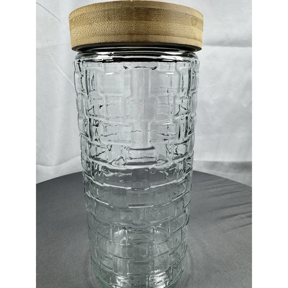 Glass Storage Canister Wood‎ Lid Tall Weaved Basket Pattern